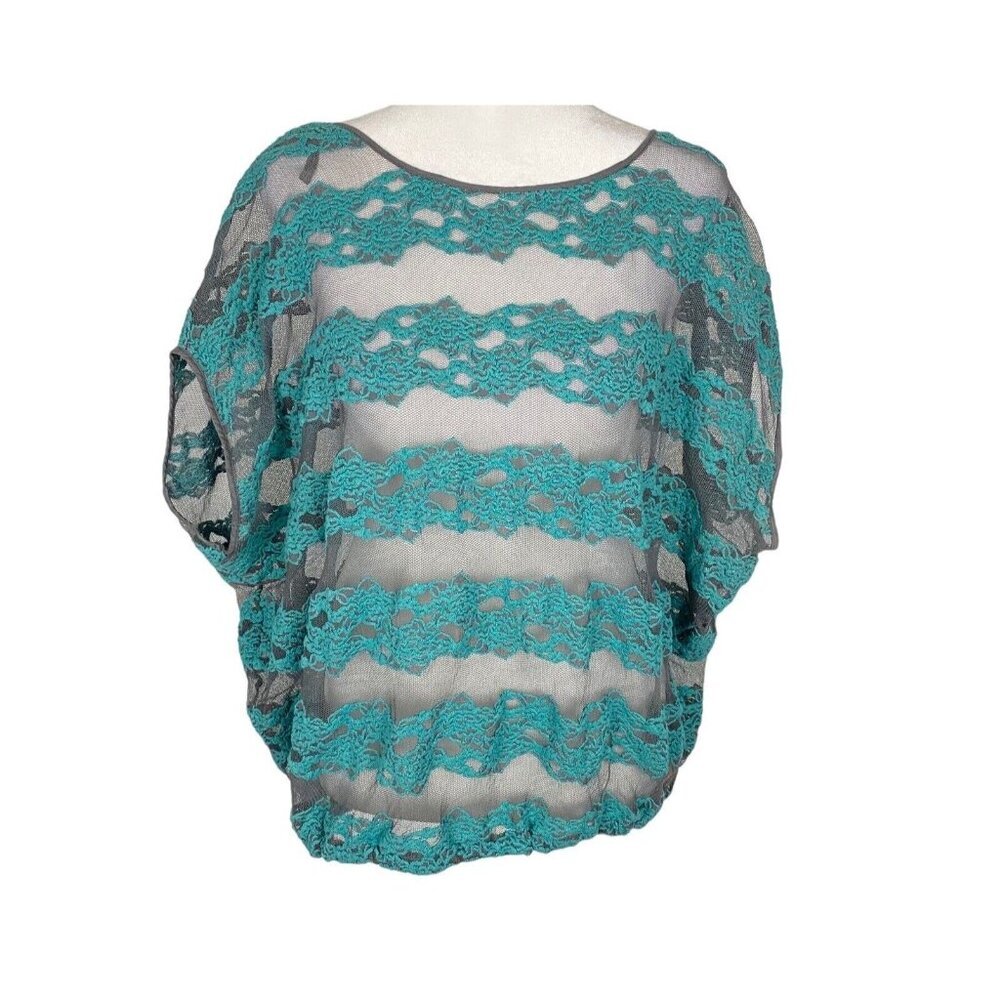 FREE PEOPLE Women Sheer Lace Country Fair Top Banded Waist Sz S Teal 67-15
